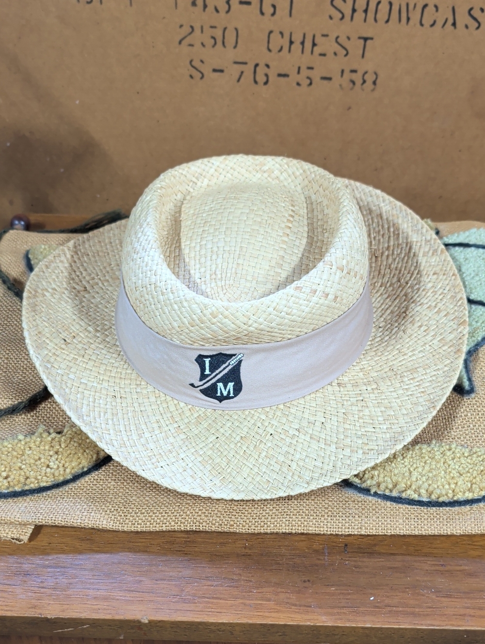 AHead Straw Wide Brim Hat with Beige Band and Crest